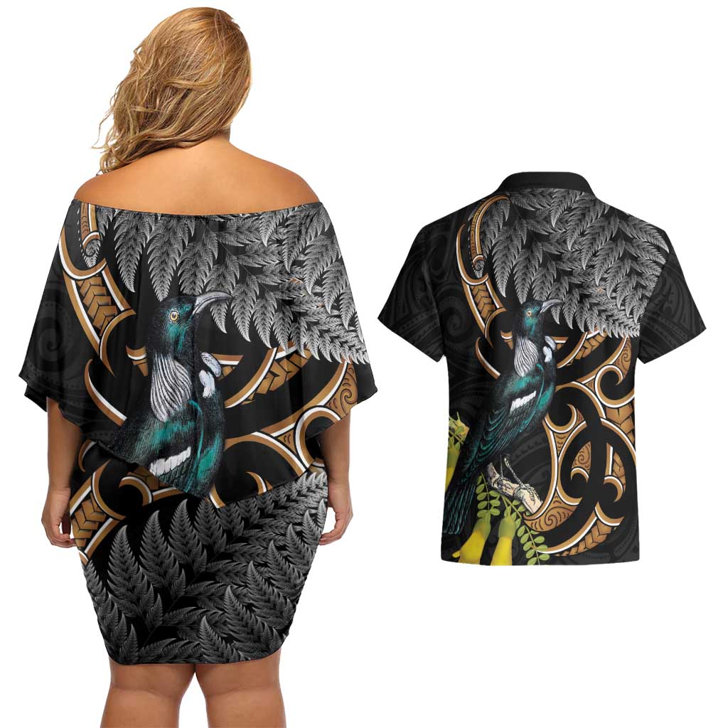 Aotearoa Kowhai Tui Bird Couples Matching Off Shoulder Short Dress and Hawaiian Shirt Maori Ngaru With Silver Fern