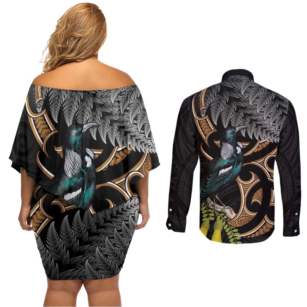 Aotearoa Kowhai Tui Bird Couples Matching Off Shoulder Short Dress and Long Sleeve Button Shirt Maori Ngaru With Silver Fern