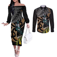 Aotearoa Kowhai Tui Bird Couples Matching Off The Shoulder Long Sleeve Dress and Long Sleeve Button Shirt Maori Ngaru With Silver Fern