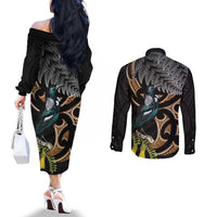 Aotearoa Kowhai Tui Bird Couples Matching Off The Shoulder Long Sleeve Dress and Long Sleeve Button Shirt Maori Ngaru With Silver Fern