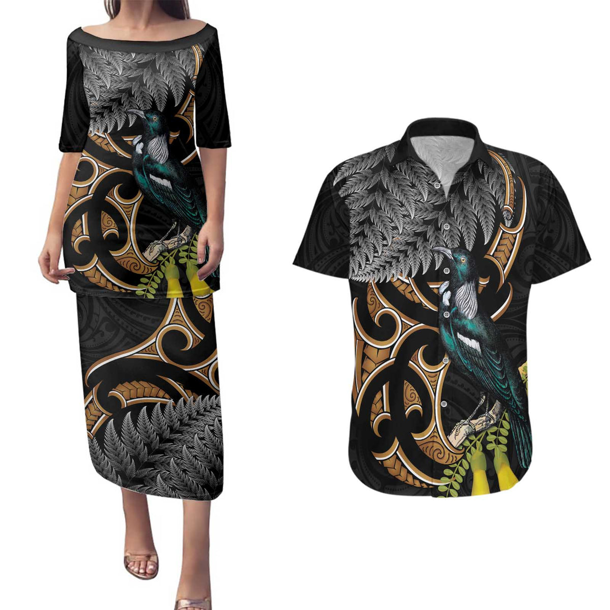Aotearoa Kowhai Tui Bird Couples Matching Puletasi and Hawaiian Shirt Maori Ngaru With Silver Fern