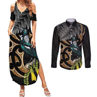 Aotearoa Kowhai Tui Bird Couples Matching Summer Maxi Dress and Long Sleeve Button Shirt Maori Ngaru With Silver Fern