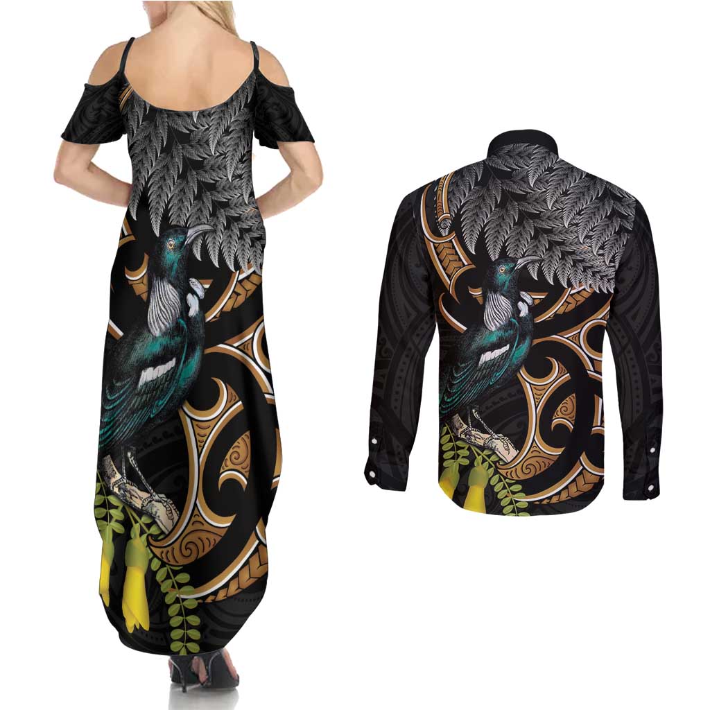 Aotearoa Kowhai Tui Bird Couples Matching Summer Maxi Dress and Long Sleeve Button Shirt Maori Ngaru With Silver Fern