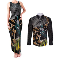 Aotearoa Kowhai Tui Bird Couples Matching Tank Maxi Dress and Long Sleeve Button Shirt Maori Ngaru With Silver Fern
