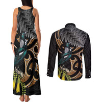 Aotearoa Kowhai Tui Bird Couples Matching Tank Maxi Dress and Long Sleeve Button Shirt Maori Ngaru With Silver Fern