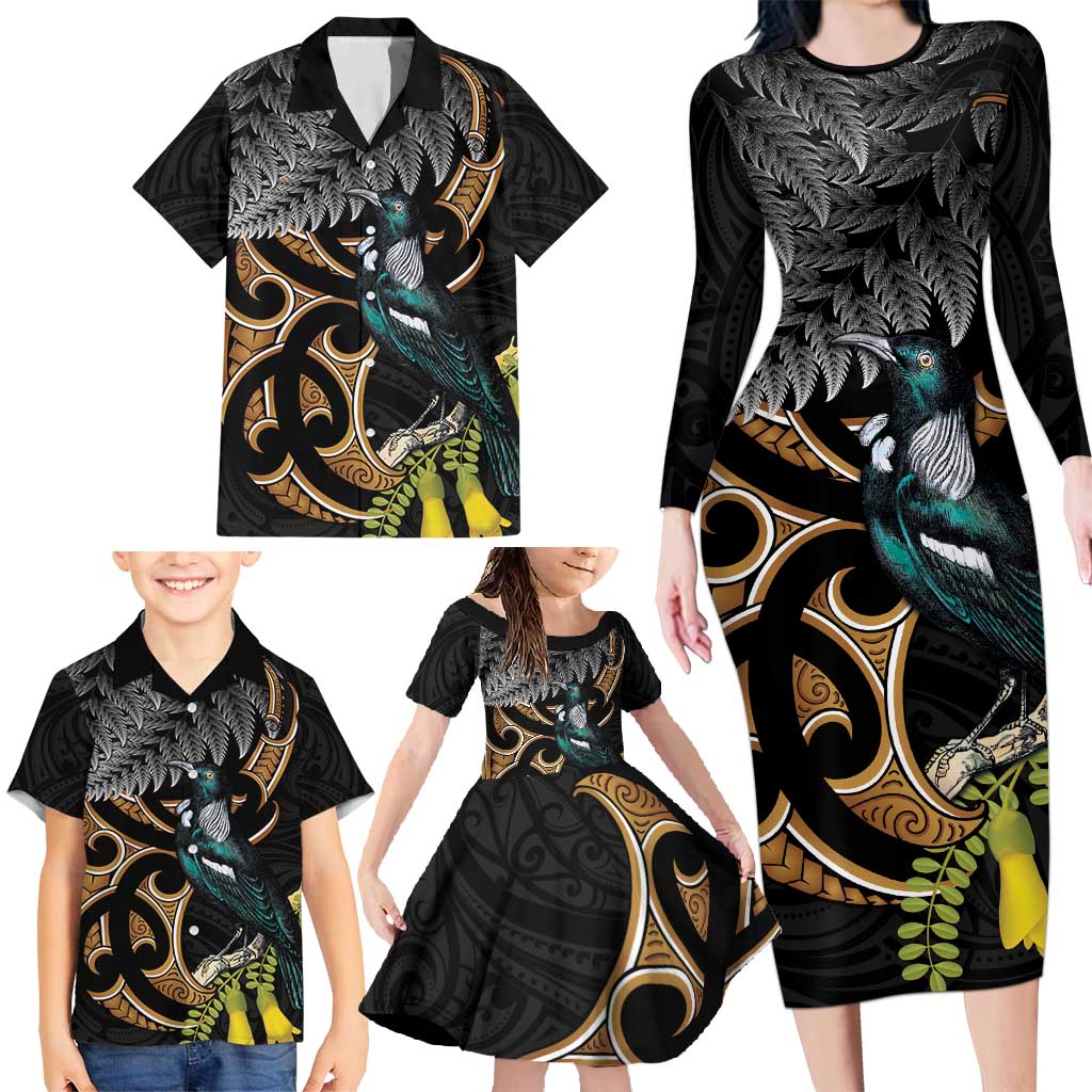 Aotearoa Kowhai Tui Bird Family Matching Long Sleeve Bodycon Dress and Hawaiian Shirt Maori Ngaru With Silver Fern