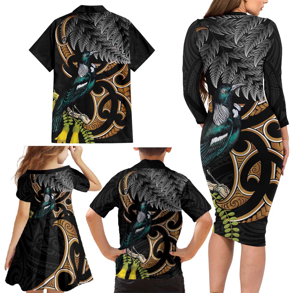 Aotearoa Kowhai Tui Bird Family Matching Long Sleeve Bodycon Dress and Hawaiian Shirt Maori Ngaru With Silver Fern