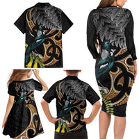 Aotearoa Kowhai Tui Bird Family Matching Long Sleeve Bodycon Dress and Hawaiian Shirt Maori Ngaru With Silver Fern