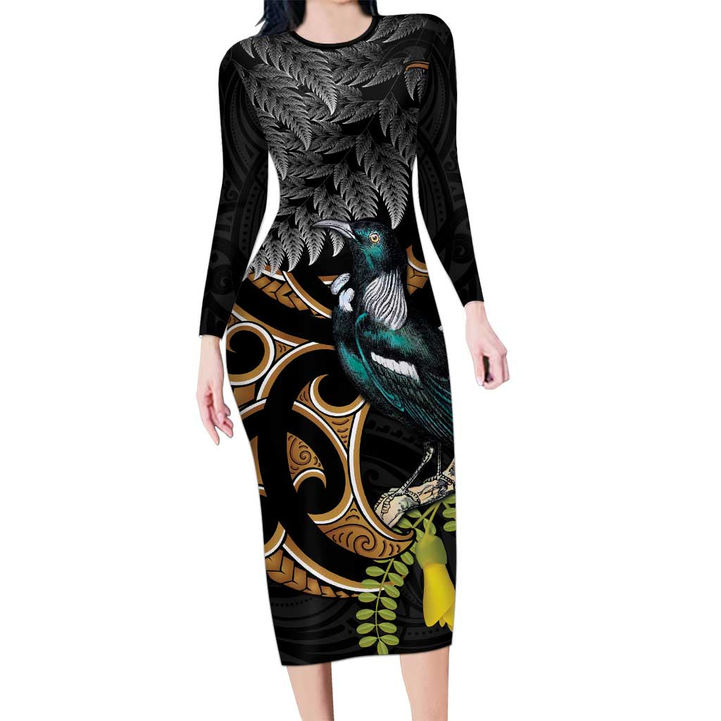 Aotearoa Kowhai Tui Bird Family Matching Long Sleeve Bodycon Dress and Hawaiian Shirt Maori Ngaru With Silver Fern