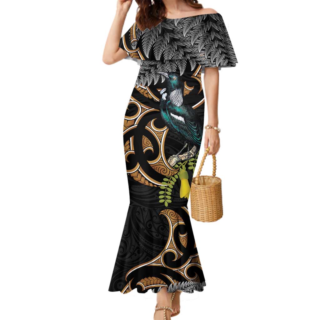 Aotearoa Kowhai Tui Bird Family Matching Mermaid Dress and Hawaiian Shirt Maori Ngaru With Silver Fern