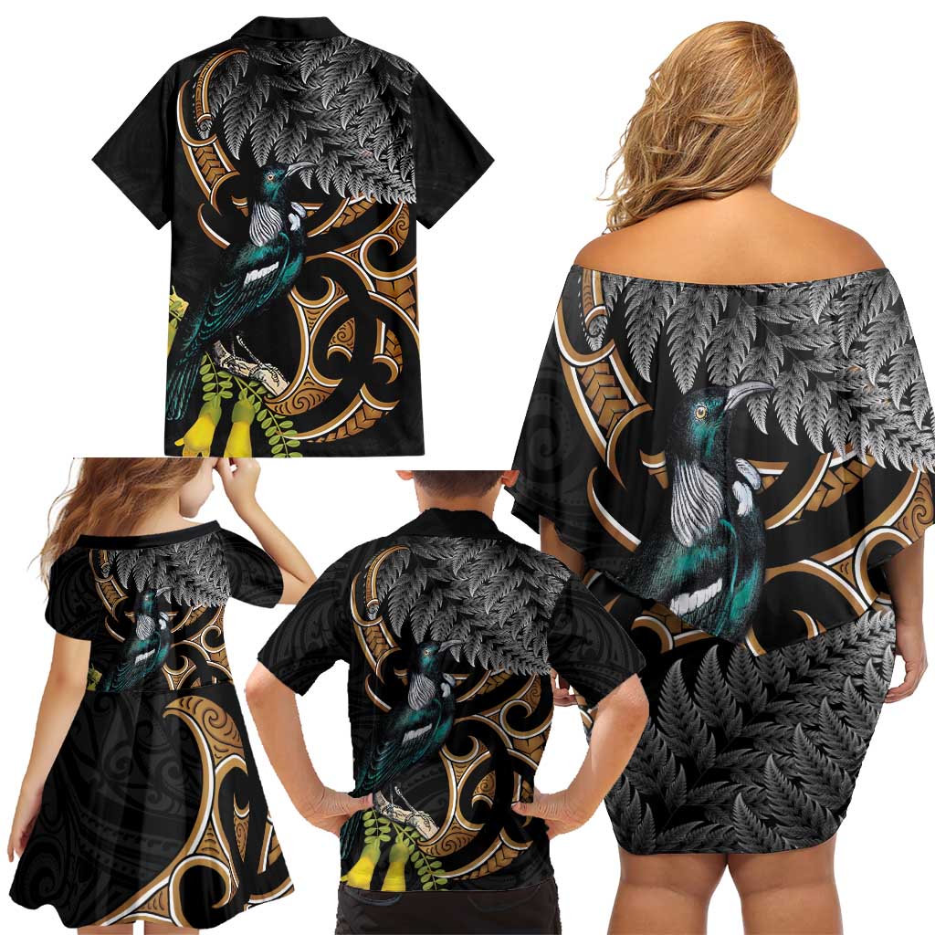 Aotearoa Kowhai Tui Bird Family Matching Off Shoulder Short Dress and Hawaiian Shirt Maori Ngaru With Silver Fern