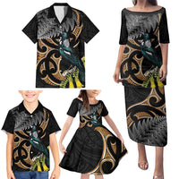 Aotearoa Kowhai Tui Bird Family Matching Puletasi and Hawaiian Shirt Maori Ngaru With Silver Fern