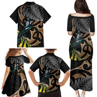Aotearoa Kowhai Tui Bird Family Matching Puletasi and Hawaiian Shirt Maori Ngaru With Silver Fern