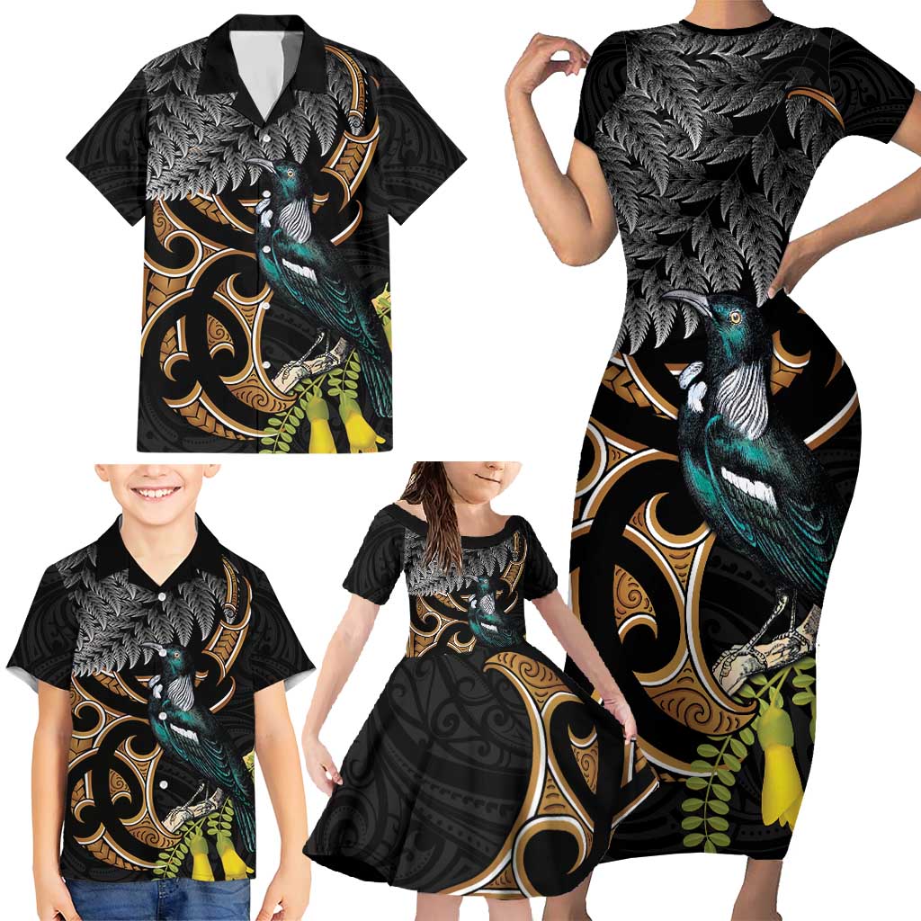 Aotearoa Kowhai Tui Bird Family Matching Short Sleeve Bodycon Dress and Hawaiian Shirt Maori Ngaru With Silver Fern