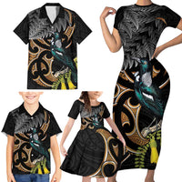Aotearoa Kowhai Tui Bird Family Matching Short Sleeve Bodycon Dress and Hawaiian Shirt Maori Ngaru With Silver Fern