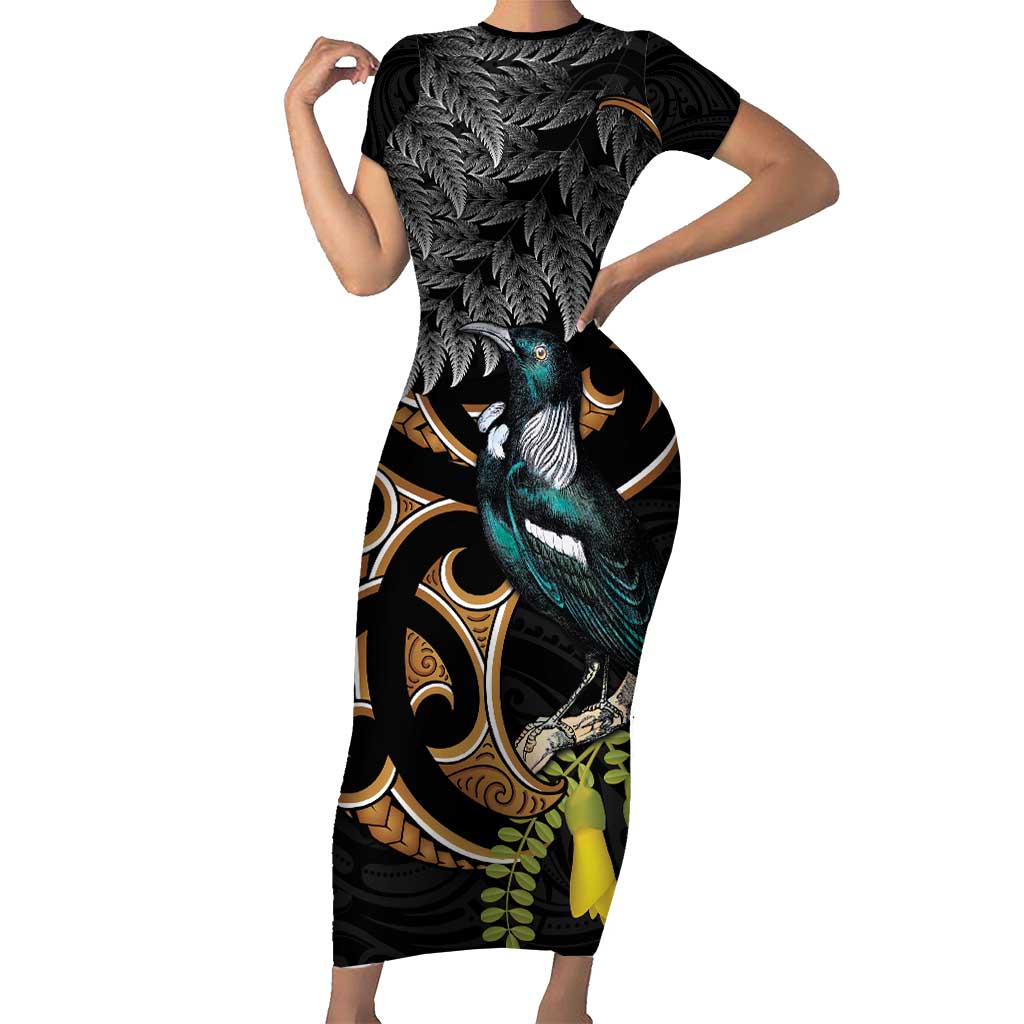 Aotearoa Kowhai Tui Bird Family Matching Short Sleeve Bodycon Dress and Hawaiian Shirt Maori Ngaru With Silver Fern