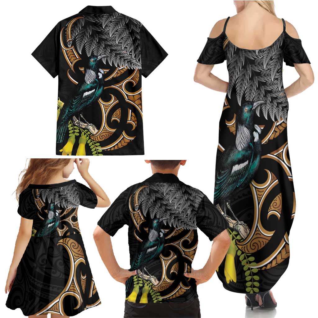 Aotearoa Kowhai Tui Bird Family Matching Summer Maxi Dress and Hawaiian Shirt Maori Ngaru With Silver Fern