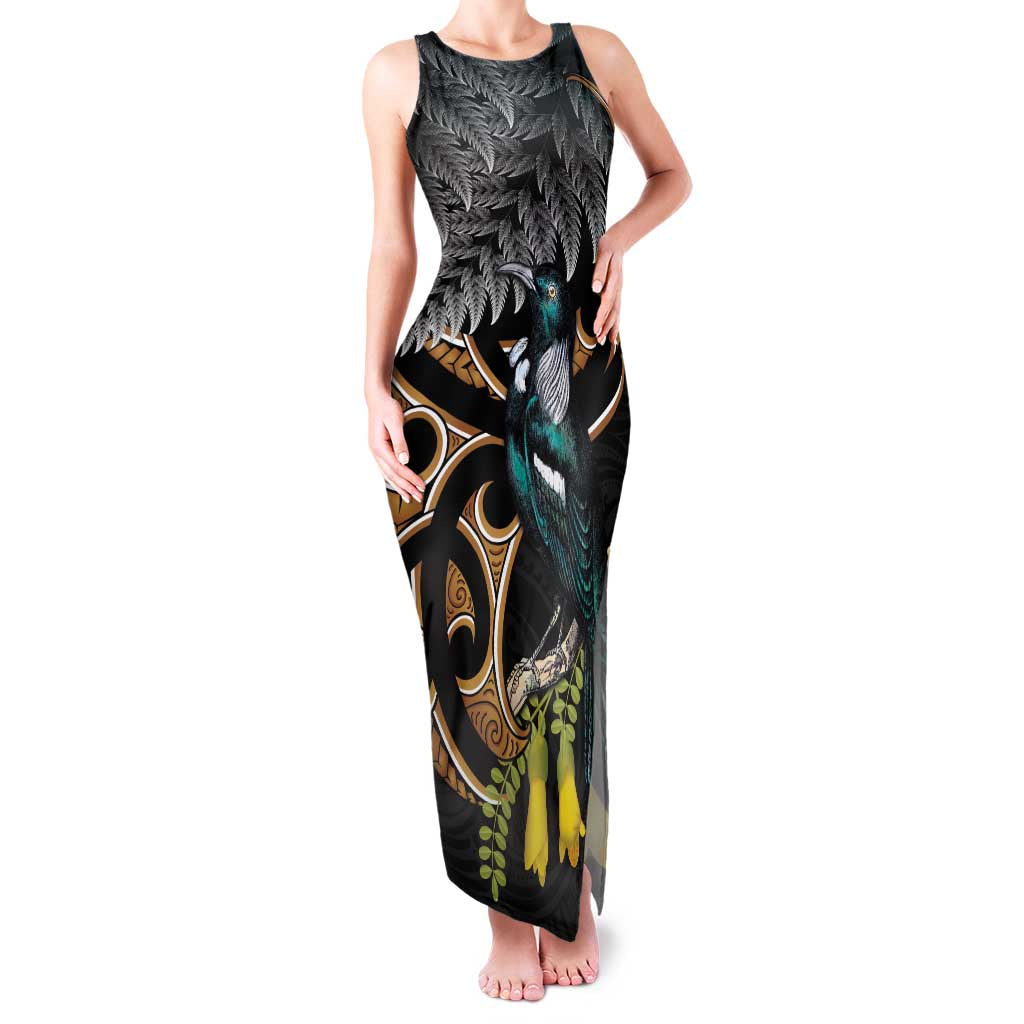 Aotearoa Kowhai Tui Bird Family Matching Tank Maxi Dress and Hawaiian Shirt Maori Ngaru With Silver Fern