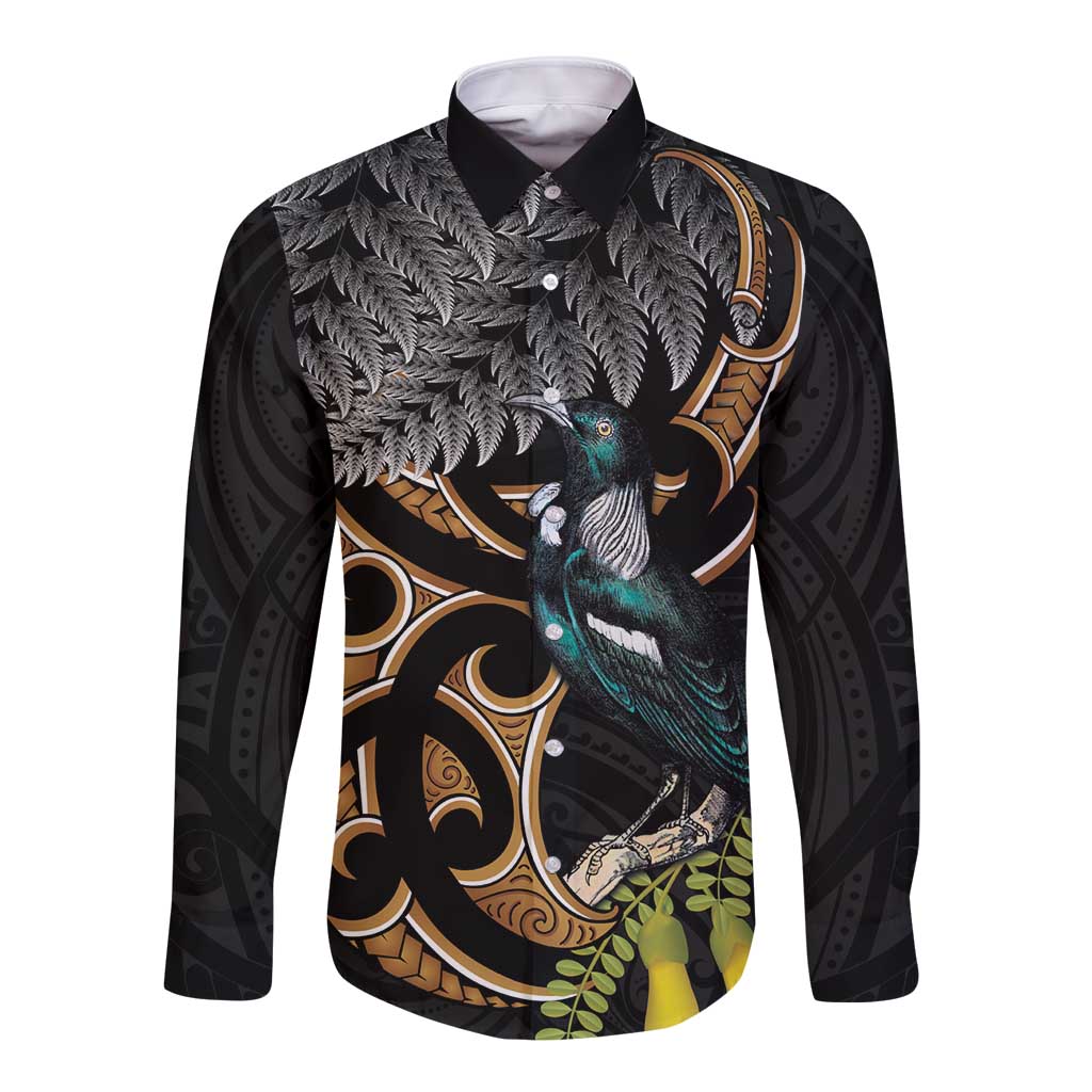 Aotearoa Kowhai Tui Bird Long Sleeve Button Shirt Maori Ngaru With Silver Fern