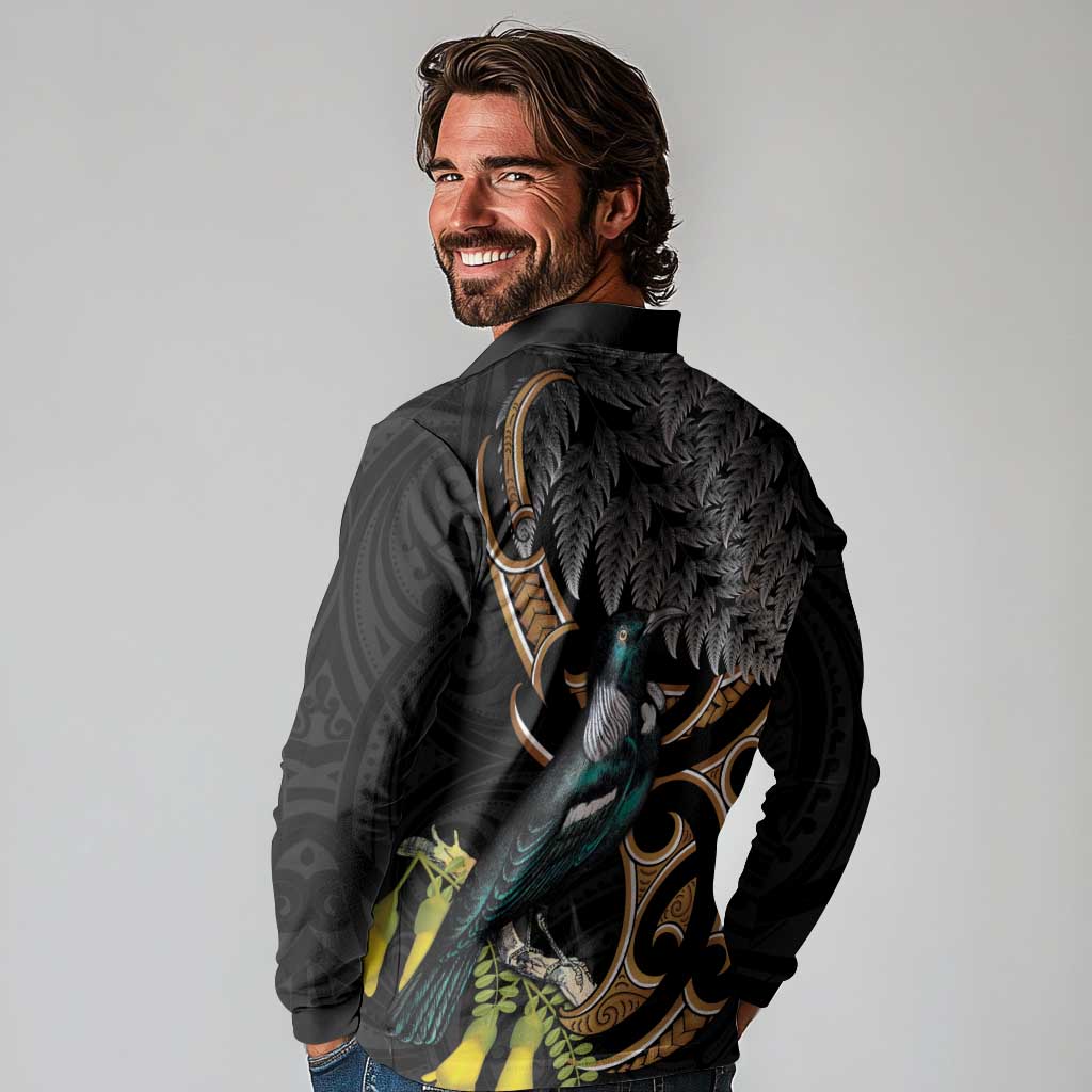 Aotearoa Kowhai Tui Bird Long Sleeve Polo Shirt Maori Ngaru With Silver Fern