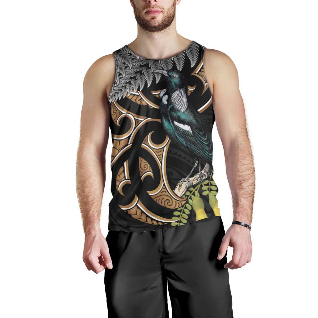 Aotearoa Kowhai Tui Bird Men Tank Top Maori Ngaru With Silver Fern