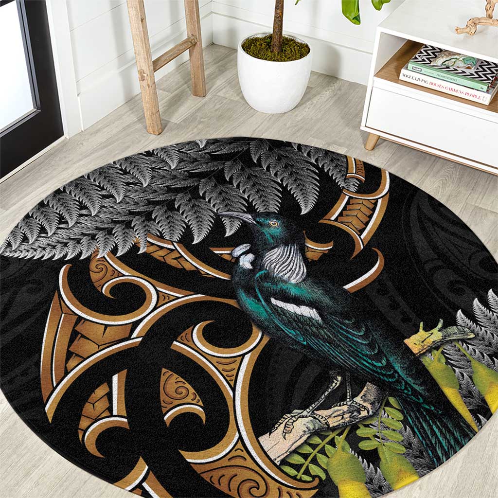 Aotearoa Kowhai Tui Bird Round Carpet Maori Ngaru With Silver Fern LT14 Black - Polynesian Pride