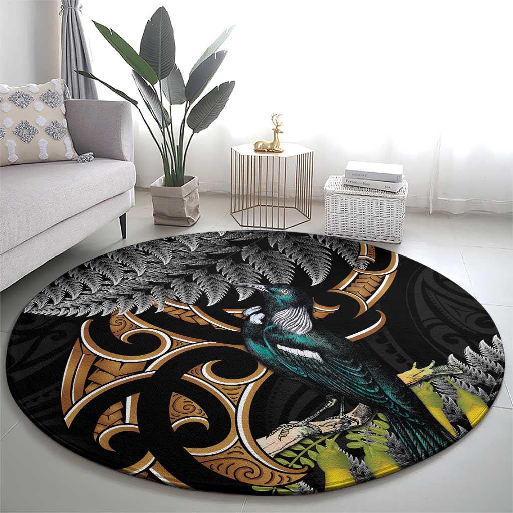 Aotearoa Kowhai Tui Bird Round Carpet Maori Ngaru With Silver Fern LT14 - Polynesian Pride