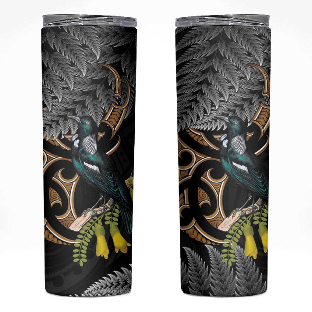 Aotearoa Kowhai Tui Bird Skinny Tumbler Maori Ngaru With Silver Fern