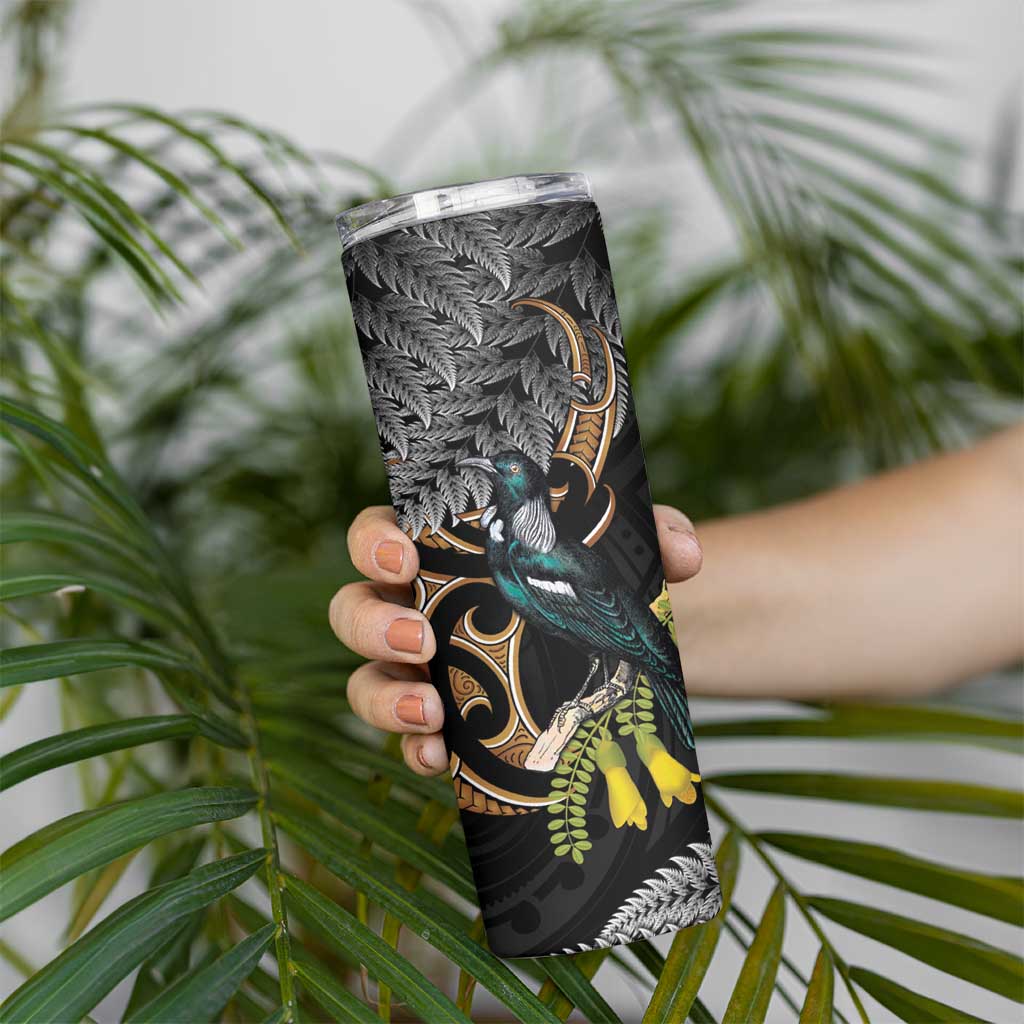 Aotearoa Kowhai Tui Bird Skinny Tumbler Maori Ngaru With Silver Fern