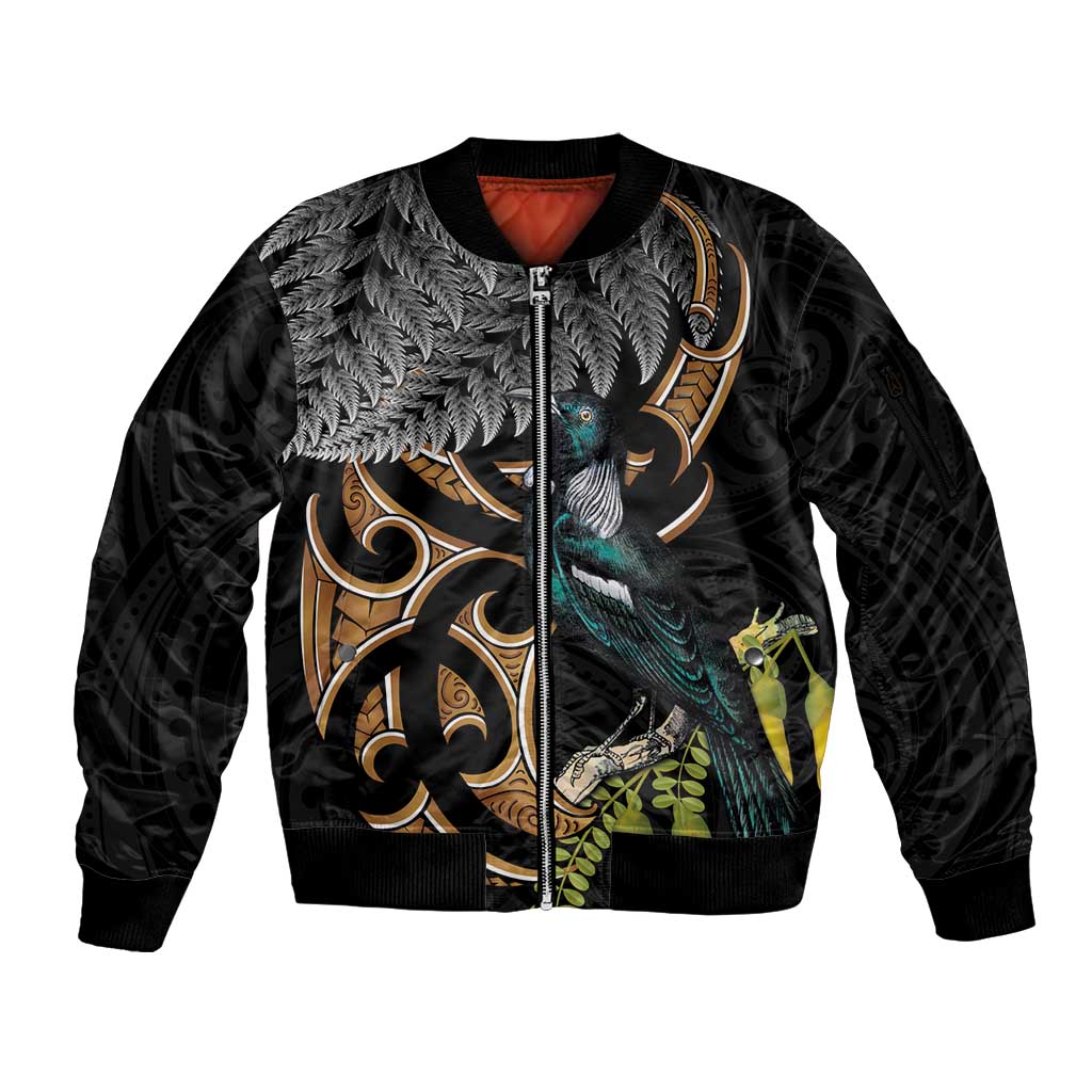Aotearoa Kowhai Tui Bird Sleeve Zip Bomber Jacket Maori Ngaru With Silver Fern