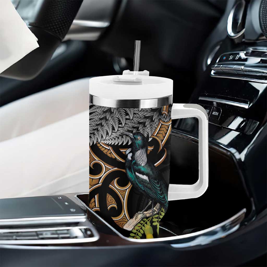 Aotearoa Kowhai Tui Bird Tumbler With Handle Maori Ngaru With Silver Fern