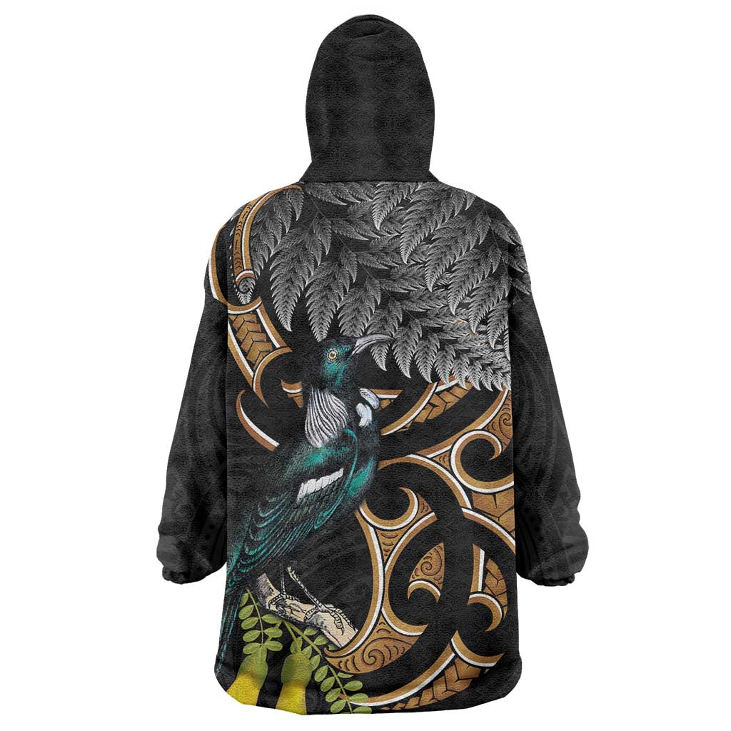 Aotearoa Kowhai Tui Bird Wearable Blanket Hoodie Maori Ngaru With Silver Fern