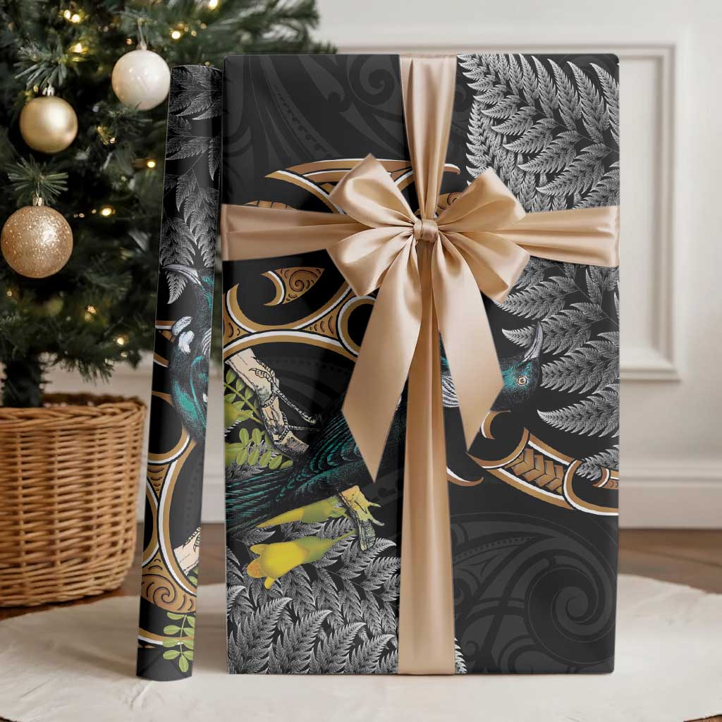 Aotearoa Kowhai Tui Bird Wrapping Paper Maori Ngaru With Silver Fern - Polynesian Pride
