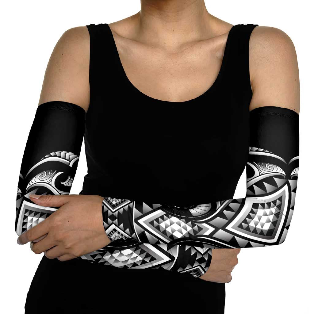 Black Ngaru Taniko With Aotearoa Maori Tattoo Arm Sleeves - Polynesian Pride
