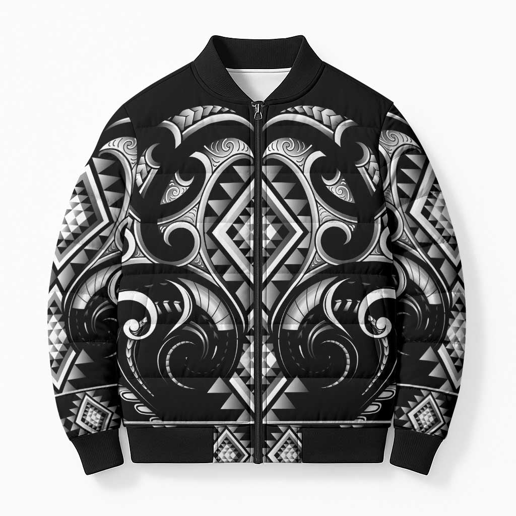 Black Ngaru Taniko With Aotearoa Maori Tattoo Bomber Puffer Jacket - Polynesian Pride