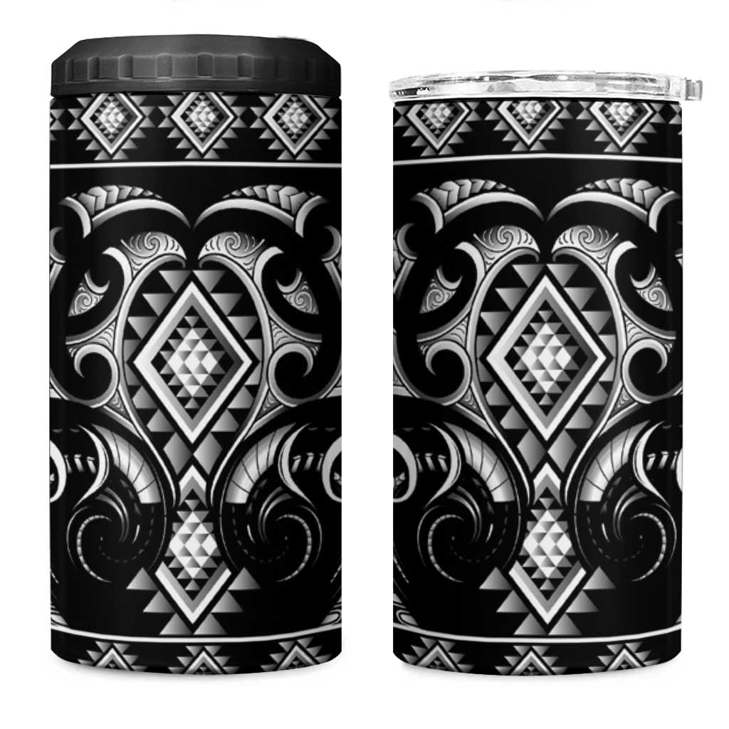 Black Ngaru Taniko With Aotearoa Maori Tattoo 4 in 1 Can Cooler Tumbler