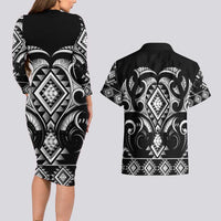 Black Ngaru Taniko With Aotearoa Maori Tattoo Couples Matching Long Sleeve Bodycon Dress and Hawaiian Shirt