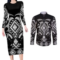 Black Ngaru Taniko With Aotearoa Maori Tattoo Couples Matching Long Sleeve Bodycon Dress and Long Sleeve Button Shirt