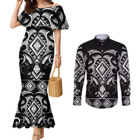Black Ngaru Taniko With Aotearoa Maori Tattoo Couples Matching Mermaid Dress and Long Sleeve Button Shirt