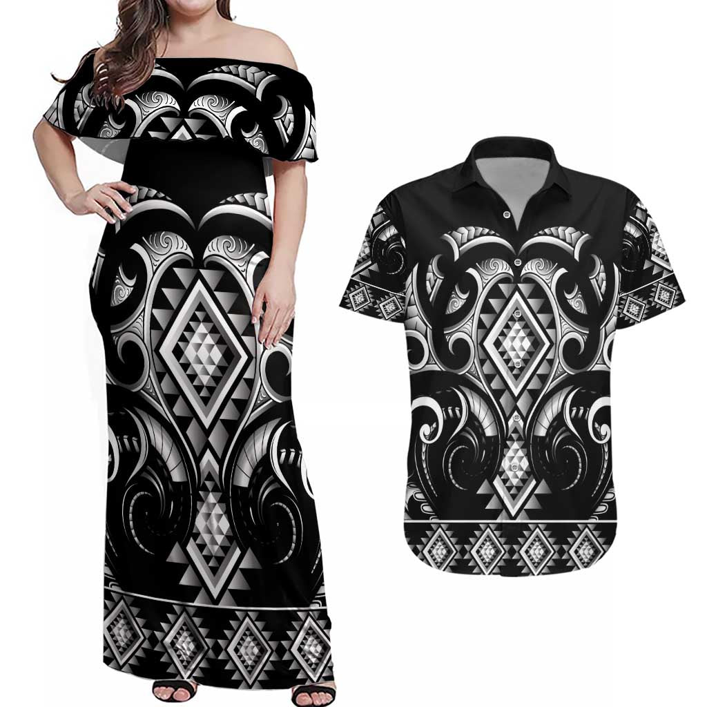 Black Ngaru Taniko With Aotearoa Maori Tattoo Couples Matching Off Shoulder Maxi Dress and Hawaiian Shirt
