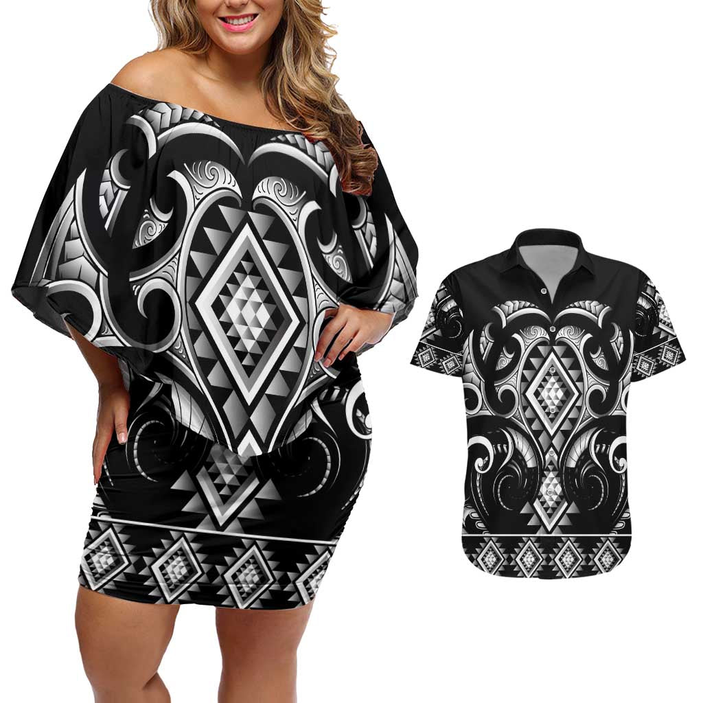 Black Ngaru Taniko With Aotearoa Maori Tattoo Couples Matching Off Shoulder Short Dress and Hawaiian Shirt