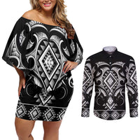 Black Ngaru Taniko With Aotearoa Maori Tattoo Couples Matching Off Shoulder Short Dress and Long Sleeve Button Shirt