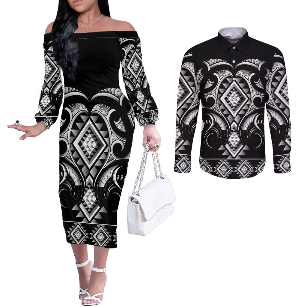 Black Ngaru Taniko With Aotearoa Maori Tattoo Couples Matching Off The Shoulder Long Sleeve Dress and Long Sleeve Button Shirt