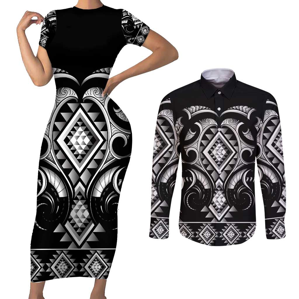 Black Ngaru Taniko With Aotearoa Maori Tattoo Couples Matching Short Sleeve Bodycon Dress and Long Sleeve Button Shirt
