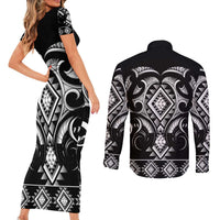 Black Ngaru Taniko With Aotearoa Maori Tattoo Couples Matching Short Sleeve Bodycon Dress and Long Sleeve Button Shirt