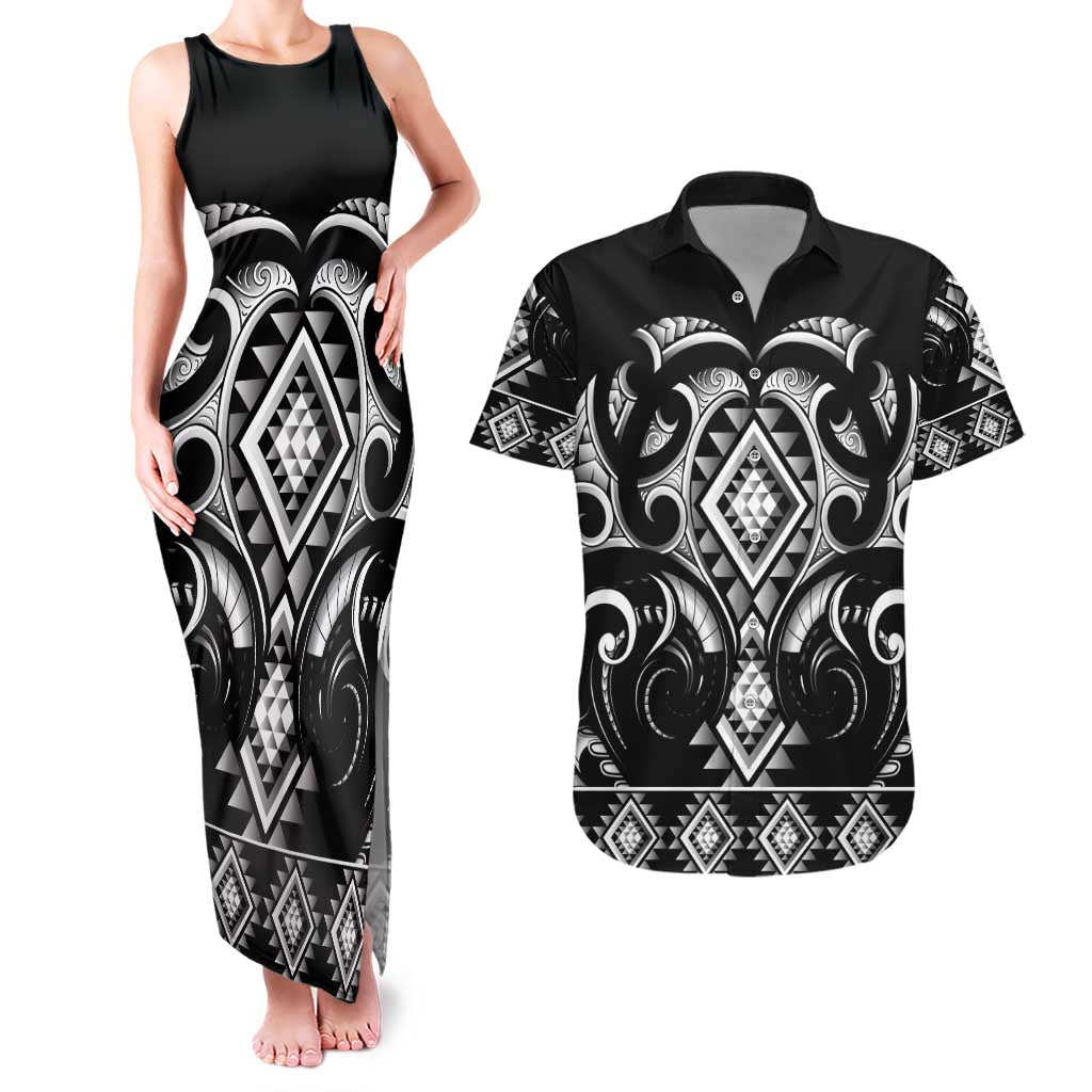 Black Ngaru Taniko With Aotearoa Maori Tattoo Couples Matching Tank Maxi Dress and Hawaiian Shirt