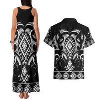 Black Ngaru Taniko With Aotearoa Maori Tattoo Couples Matching Tank Maxi Dress and Hawaiian Shirt