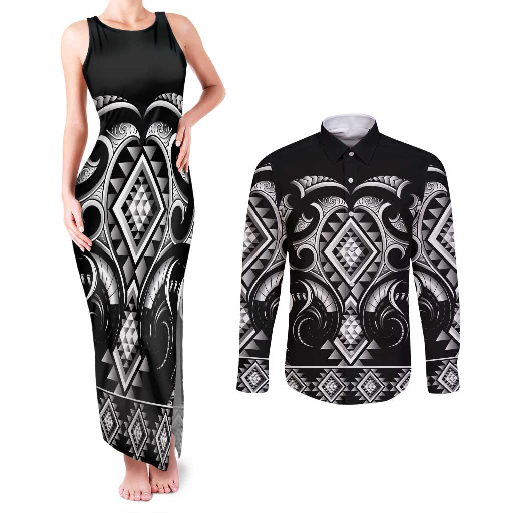 Black Ngaru Taniko With Aotearoa Maori Tattoo Couples Matching Tank Maxi Dress and Long Sleeve Button Shirt
