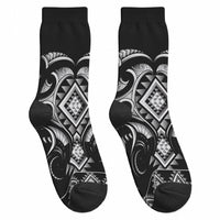 Black Ngaru Taniko With Aotearoa Maori Tattoo Crew Socks LT14 - Polynesian Pride