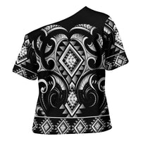 Black Ngaru Taniko With Aotearoa Maori Tattoo Cross Shoulder Shirt - Polynesian Pride